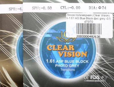 Фото Полимерная фотохромная линза CV с мультипокрытием n=1,61 Blue Block AS HMC EMI UV